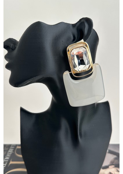 Vintage Geometrik Kare Taşlı Akrilik Küpe (7cm)