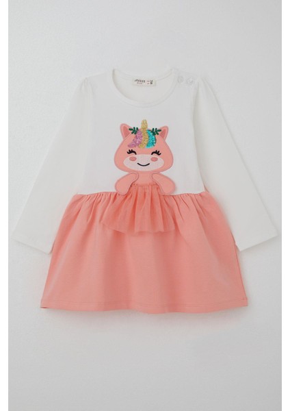 Kız Çocuk Elbise Pullu Nakışlı Kedicik 1-4 Yaş, Ekru