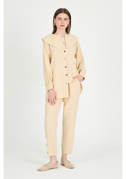Bej Bebe Yaka Düğmeli Tunik ve Yanı Şerit Detaylı Pantolon Takım 4661A