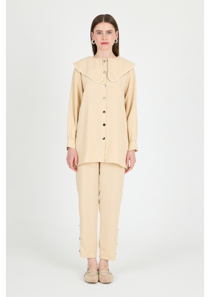Bej Bebe Yaka Düğmeli Tunik ve Yanı Şerit Detaylı Pantolon Takım 4661A fiyatları