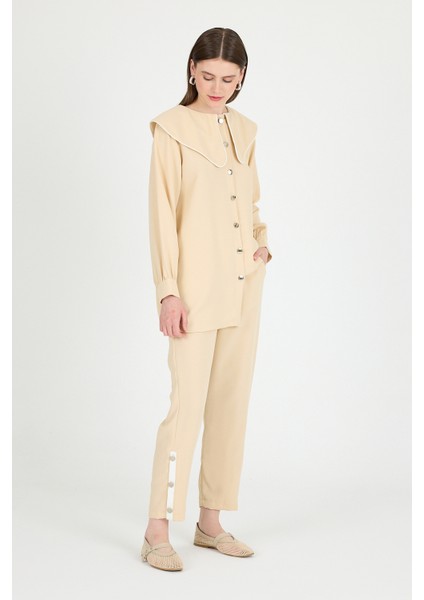 Bej Bebe Yaka Düğmeli Tunik ve Yanı Şerit Detaylı Pantolon Takım 4661A modelleri