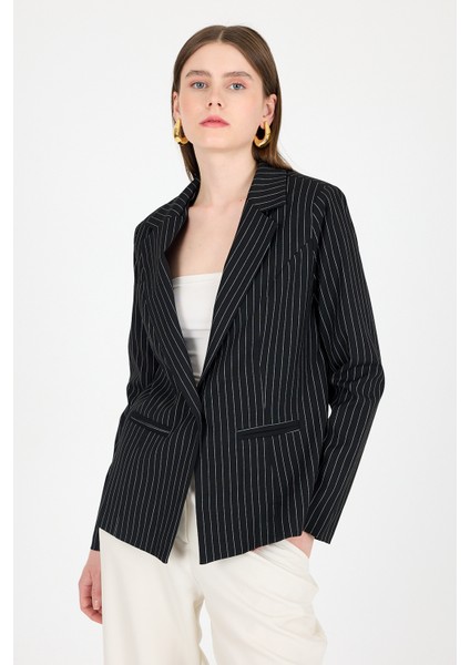Siyah Çizgili Tek Düğmeli Blazer Ceket 4594A
