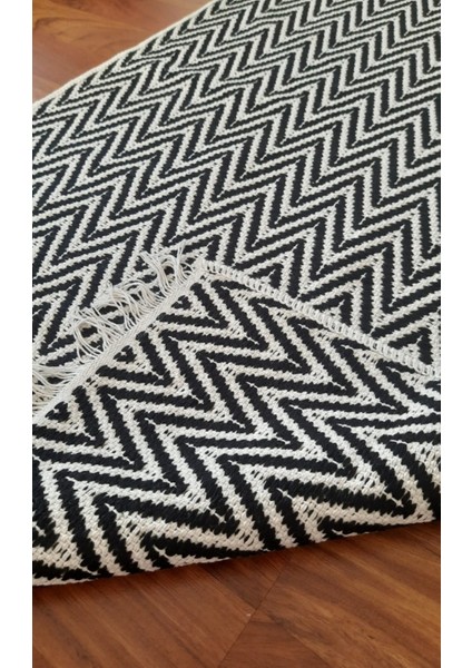 Pamuklu Cotton Kilim Çift Taraflı Yıkanabilir Dekoratif (80X150) - Siyah Beyaz V1