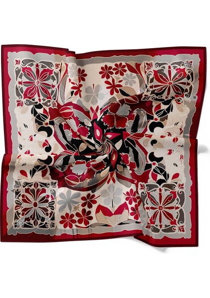 Bordo Karışık Çiçek Desen Twill Ipek Eşarp