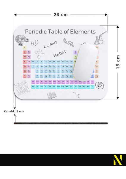 Periyodik Tablo Desenli Ergonomik Mouse Pad - 23 x 19 cm - Kaymaz Taban Ev ve Ofis Kullanımı Fare Altlığı Mousepad