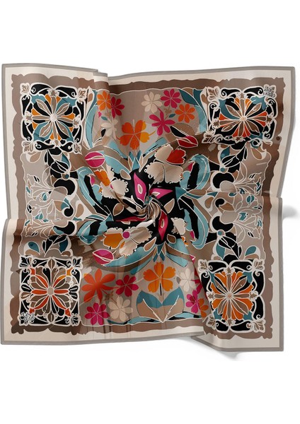 Gri Karışık Çiçek Desen Twill Ipek Eşarp