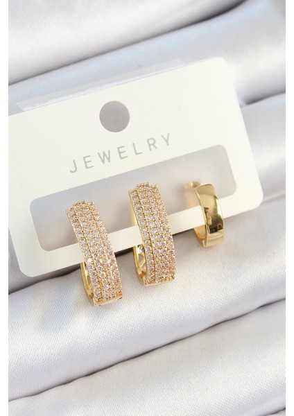 Pirinç Zirkon Taşlı Damla Model Gold Renk 3'lü Çift Kadın Küpe Set