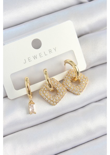 Pirinç Zirkon Taşlı Kare Model Gold Renk 3'lü Çift Kadın Küpe Set