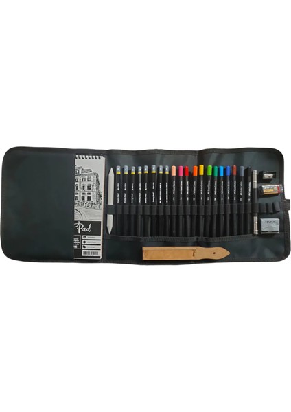 Eskiz Defteri A5 120 gr 50 Yp Black Edition Boya Kalemi 12 Renk Cepli Siyah Kalemlik 24 Bölmeli Set