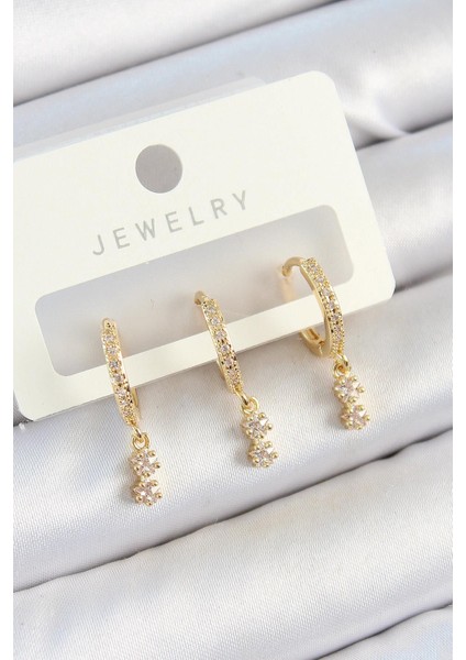 Pirinç Zirkon Taşlı Sallantılı Yıldız Model Gold Renk 3'lü Çift Kadın Küpe Set