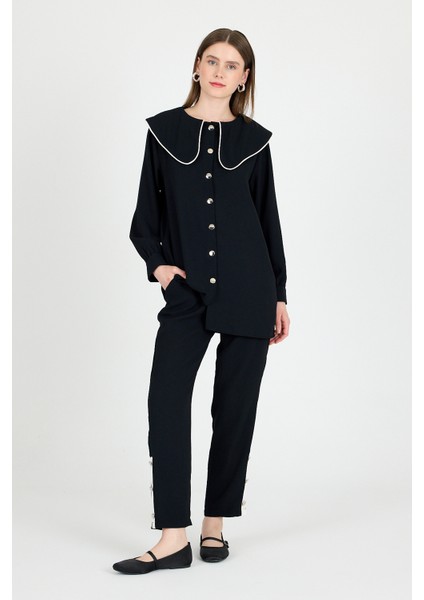Siyah Bebe Yaka Düğmeli Tunik ve Yanı Şerit Detaylı Pantolon Takım 4661A