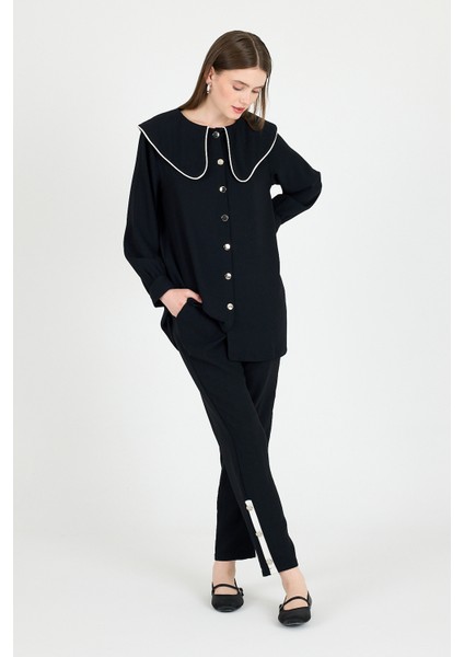 Siyah Bebe Yaka Düğmeli Tunik ve Yanı Şerit Detaylı Pantolon Takım 4661A fiyatları