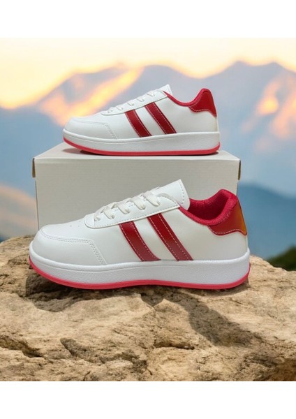 Beyaz-Kırmızı Iki Bantlı Unisex Günlük Hafif Taban Sneaker Spor Ayakkabı