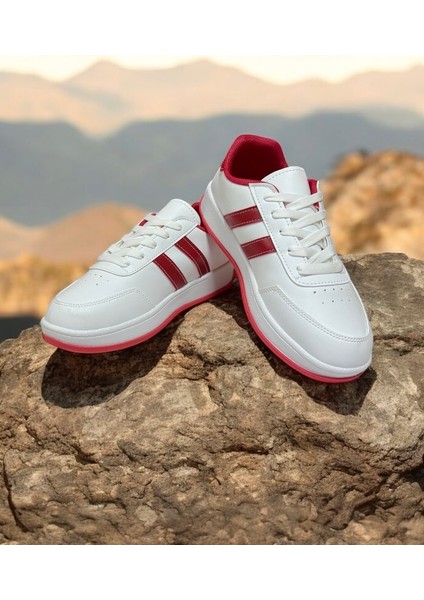 Beyaz-Kırmızı Iki Bantlı Unisex Günlük Hafif Taban Sneaker Spor Ayakkabı fiyatları