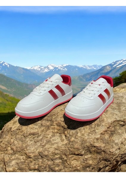 Beyaz-Kırmızı Iki Bantlı Unisex Günlük Hafif Taban Sneaker Spor Ayakkabı modelleri