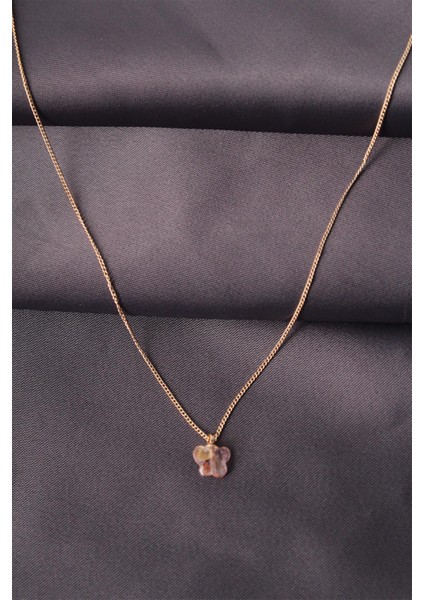 Gold Renk Metal Zirkon Taşlı Pembe Minimal Kelebek Detaylı Kadın Kolye