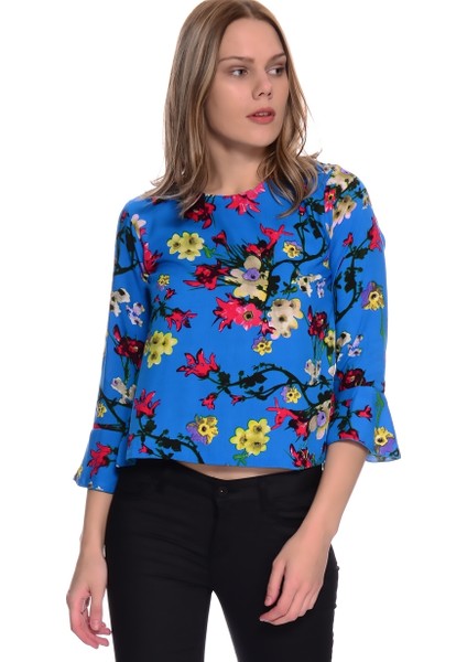 Mavi Çiçekli Kadın Bluz modelleri