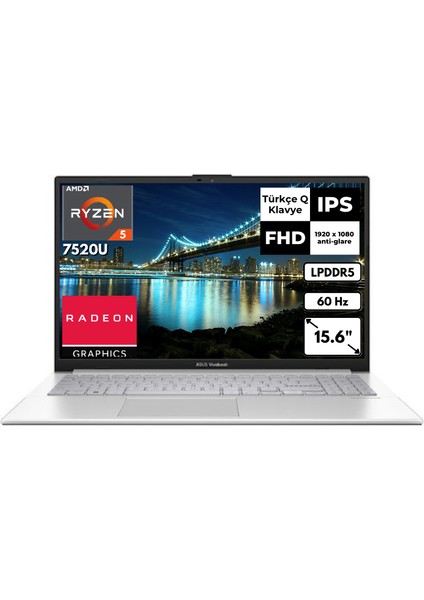 Vivobook Go 15 R5 7520U 8 GB 256 GB SSD Radeon Graphics 15.6" Fhd Windows 11 Pro E1504FA-NJ115AT11