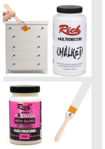 Rich Multi Decor Chalked 500ml Antik Beyaz Akrilik Boya Parlak Vernik High Gloss 250 Cc Fırça Set