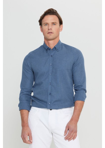 Pamuklu Flanel Slim Fit Dar Kesim Düğmeli Yaka Gömlek