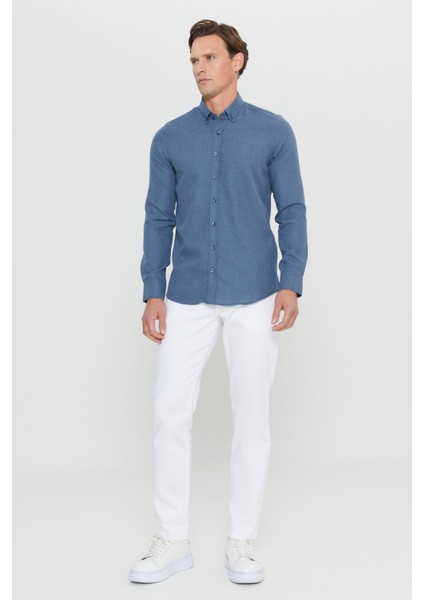Pamuklu Flanel Slim Fit Dar Kesim Düğmeli Yaka Gömlek