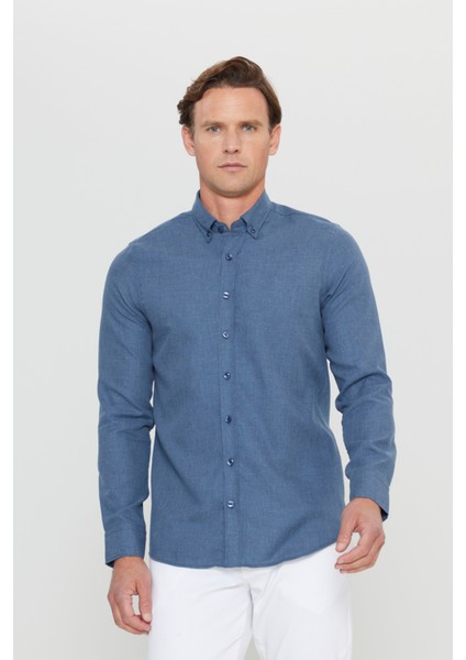 Pamuklu Flanel Slim Fit Dar Kesim Düğmeli Yaka Gömlek