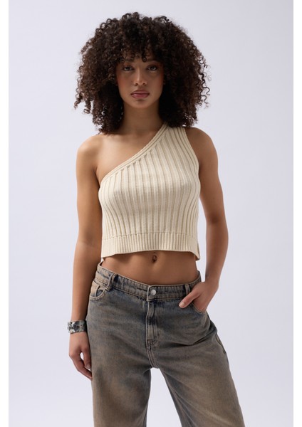 Tek Omuz Örgü Ekru Bluz modelleri