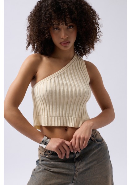 Tek Omuz Örgü Ekru Bluz fırsatları