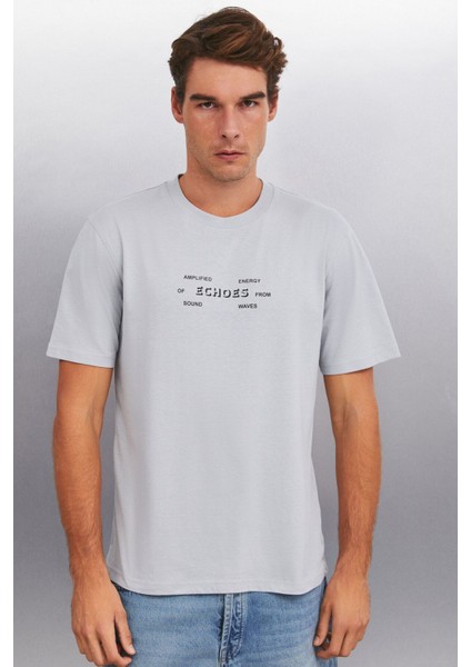 KINGSLEY Erkek %100 Pamuk Baskılı Kısa Kollu Regular Fit Gri T-Shirt