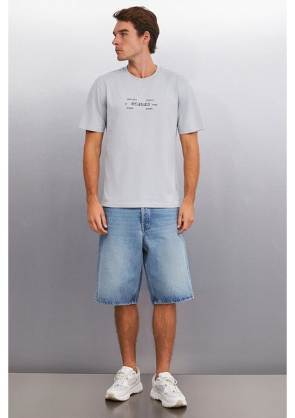 KINGSLEY Erkek %100 Pamuk Baskılı Kısa Kollu Regular Fit Gri T-Shirt