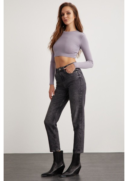 Essie Kadın Bisiklet Yaka Slim Fit Uzun Kollu Crop Lila Bluz modelleri