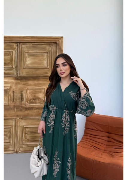 Uzun Kollu Kruvaze Yaka Desenli Kadın Elbise modelleri