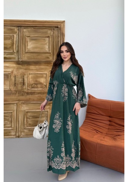 Uzun Kollu Kruvaze Yaka Desenli Kadın Elbise indirimleri