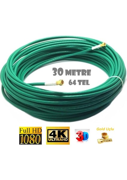 64 Tel Gold Uçlu Rg6/u4 Hazır Uydu Anten Kablosu 3D 4K Fullhd 1080 Yeşil (30 Metre)