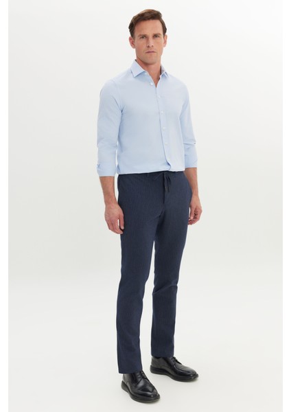 Slim Fit Dar Kesim Gofre Desenli Esnek Beli Bağlamalı Pantolon