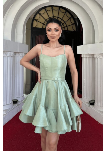 Tafta Saten Kumaş Mini Elbise - Mint Yeşili modelleri