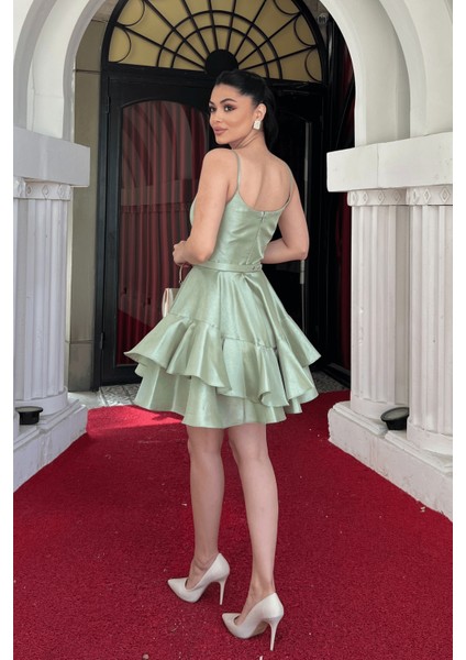 Tafta Saten Kumaş Mini Elbise - Mint Yeşili indirimleri