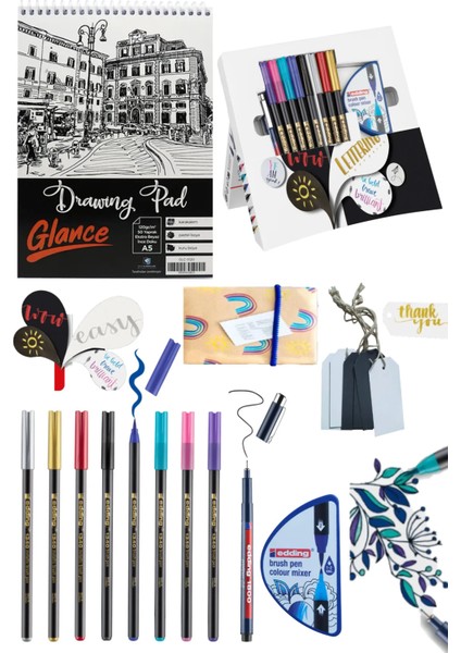 Eskiz Defteri Edding Happy Lettering Set 9er Set + Renk Karıştırıcı, Çeşitli Stifte
