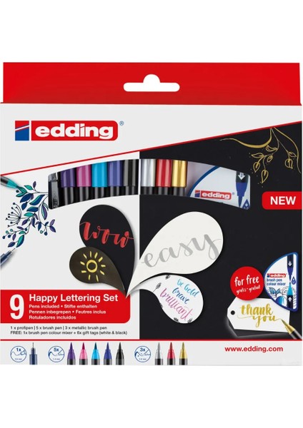 Eskiz Defteri Edding Happy Lettering Set 9er Set + Renk Karıştırıcı, Çeşitli Stifte modelleri