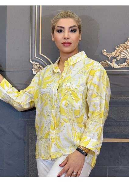 Gömlek Sarı Renk Pamuklu Viskon Erkek Yaka Uzun Kollu Desenli Standart Beden Tek Cepli Günlük modelleri