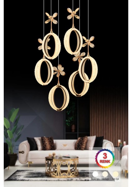 Istanbul Avize Zeus 6'lı Gold Kumandalı 3 Renk Ledli Modern LED Avize