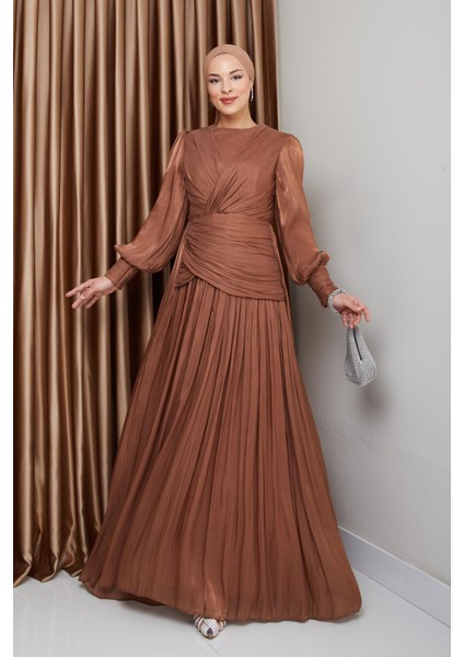 Volan ve Plise Detaylı Kristal Şifon Tesettür Abiye Elbise Taba 1230