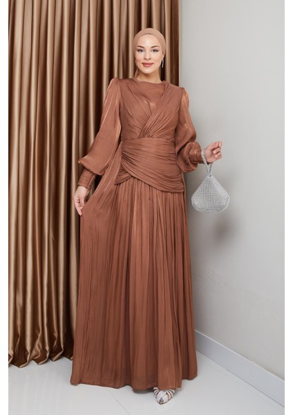 Volan ve Plise Detaylı Kristal Şifon Tesettür Abiye Elbise Taba 1230 fiyatları