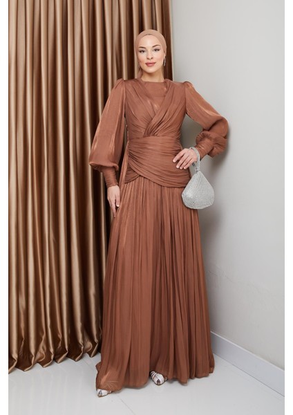 Volan ve Plise Detaylı Kristal Şifon Tesettür Abiye Elbise Taba 1230 modelleri