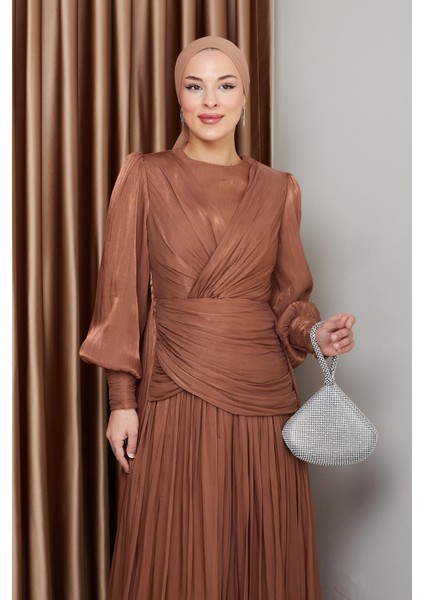 Volan ve Plise Detaylı Kristal Şifon Tesettür Abiye Elbise Taba 1230 fırsatları