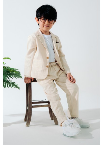 Erkek Çocuk Pamuklu Bej Spor Takım Elbise 3' Lü Set