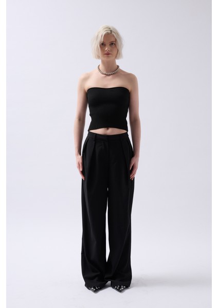 Straplez Dokulu Siyah Crop