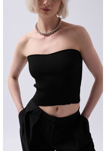Straplez Dokulu Siyah Crop