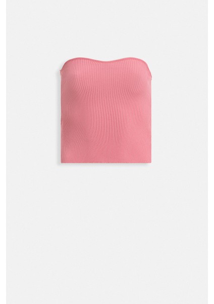 Straplez Dokulu Pembe Crop