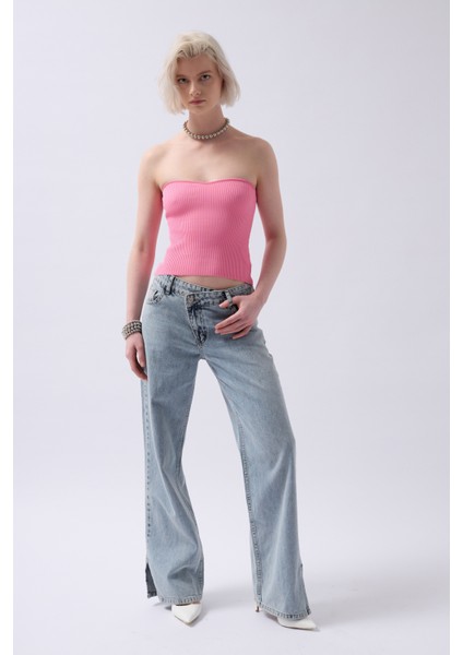 Straplez Dokulu Pembe Crop fiyatları